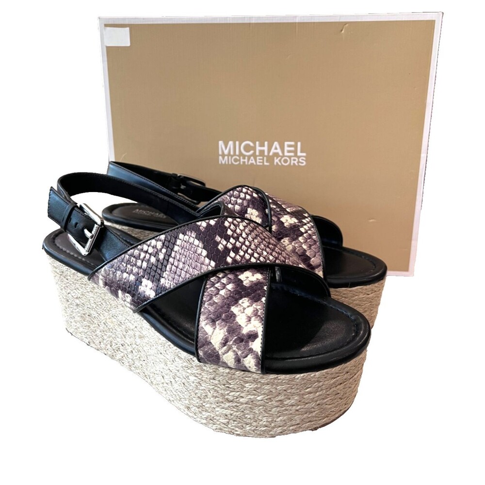 Michael Kors NEW Jodi Mid Wedge Size 9 Leather Snake Espadrille Platform Sandal